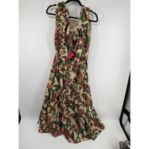 Figue Womens Floral Bird Print Tassel Ruffle Midi Dress Cream Gold Lurex Size M